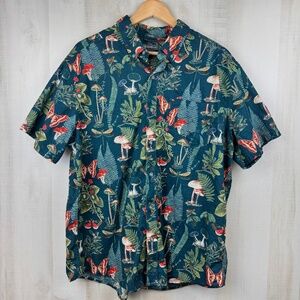 Eddie Bauer Men’s Short Sleeve Button Up Shirt Green Mushrooms Cordyceps Sz XL